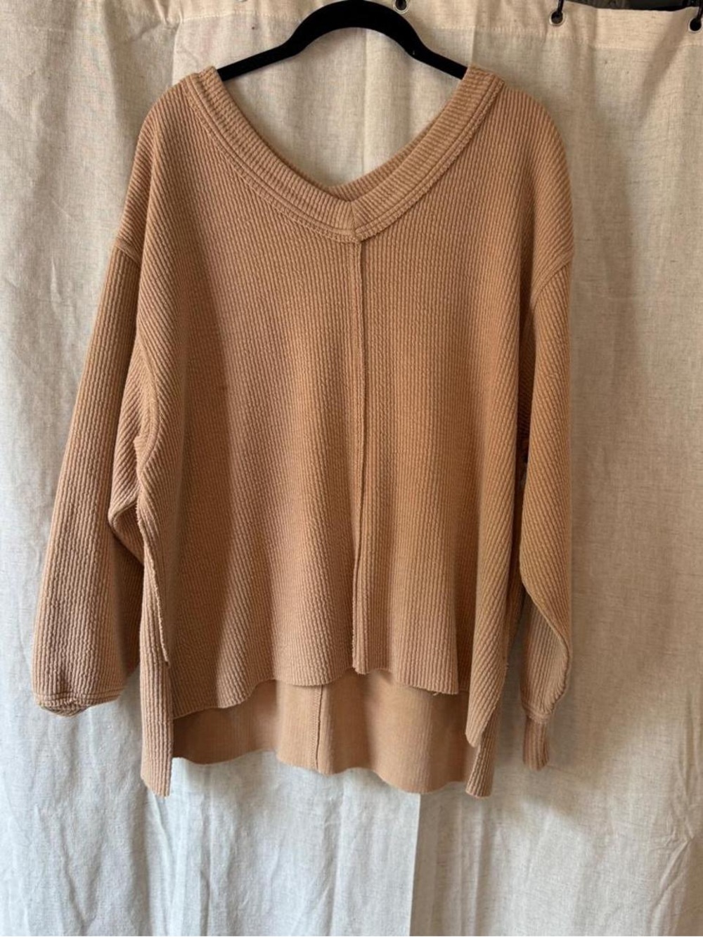 aerie Oversized V-Neck Ribbed Sweater in Camel